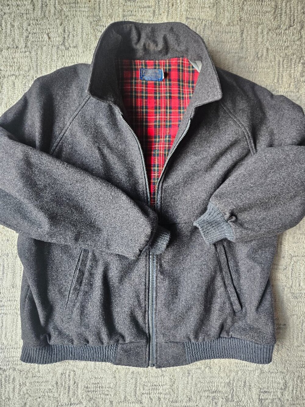 Vintage Pendleton Wool Bomber Jacket XL Charcoal Gray Plaid Lined Full Zip USA